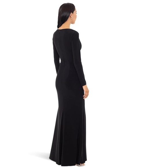 NEW XSCAPE Black Jersey LONG-SLEEVE Draped RUFFLE Contrast-Slit EVENING GOWN - Picture 10 of 10